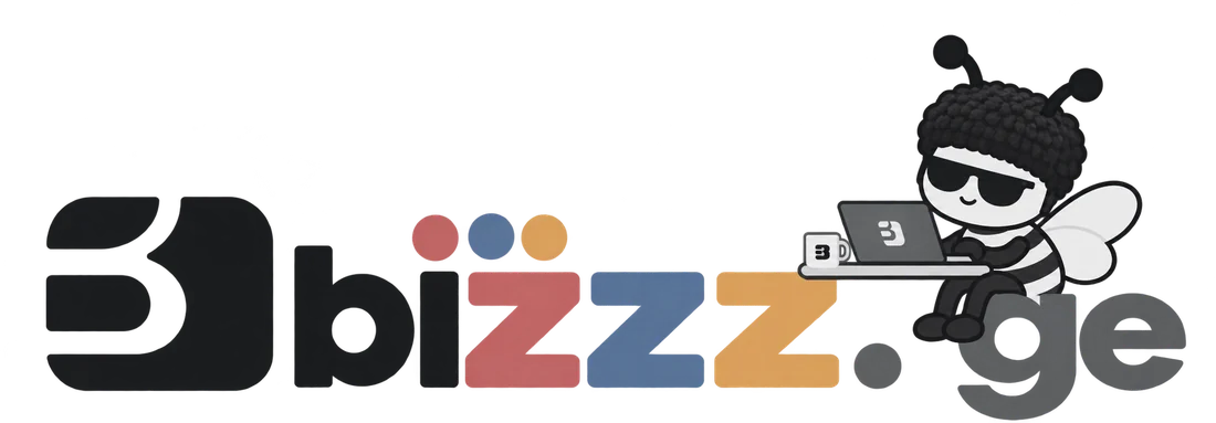 Пчела bizzz сидит на логотипе с ноутбуком и кружкой
